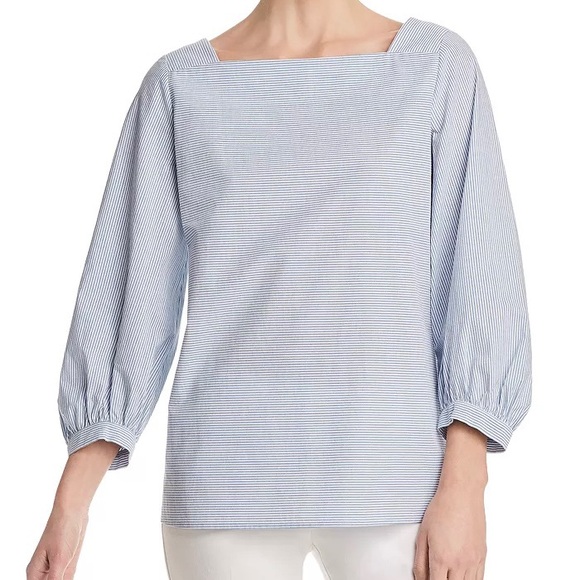 Lafayette 148 New York Tops - Lafayette 148 New York Harper Sartorial Striped Poplin Blouse Coastal XXL
